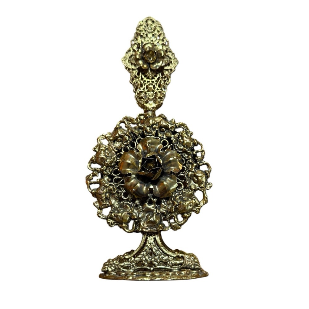 Vtg Gold Filigree Vanity Perfume Bottle Style Decorative Ornament Floral Dauber